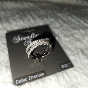 NWT Sterling Silver, Cubic Zirconia Double Band X-Cross Ring, Size 7